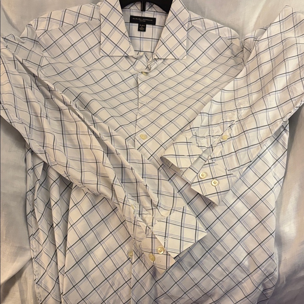 BANANA REPUBLIC Men's Checked Dress Shirt. White with Blue Windowpane. L 16-16.5